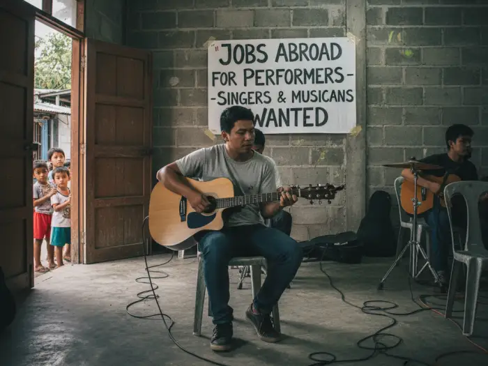 Filipino musician preparing for entertainment jobs abroad for Filipinos.