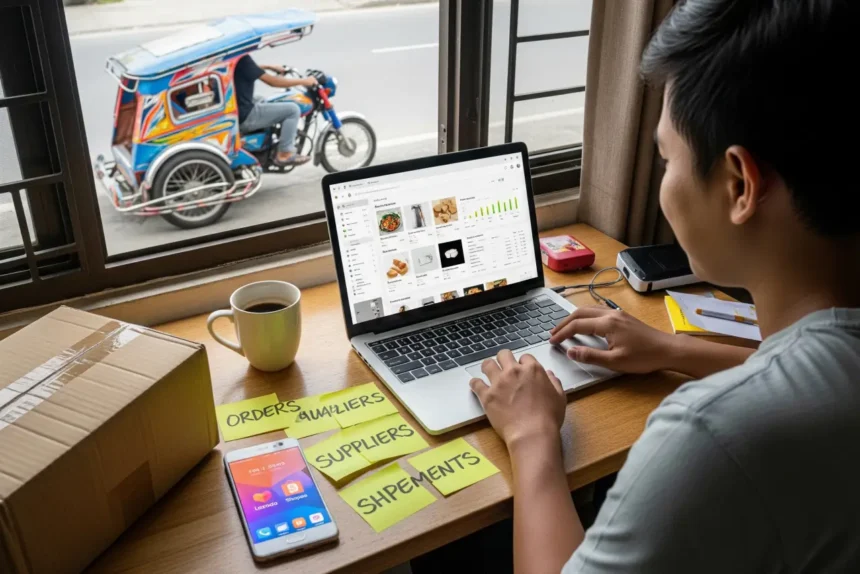 Filipino freelancer running a dropshipping business from a modest home workspace.