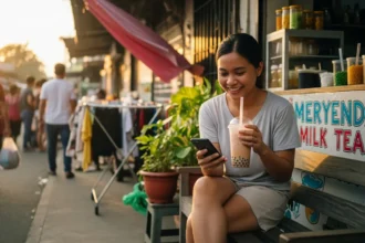 A young Filipino entrepreneur checks their phone while holding a milk tea cup, sitting outside their home-based business in the Philippines.