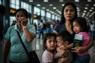 Filipina mother saying goodbye to her children at NAIA before leaving to work abroad.