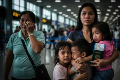 Filipina mother saying goodbye to her children at NAIA before leaving to work abroad.