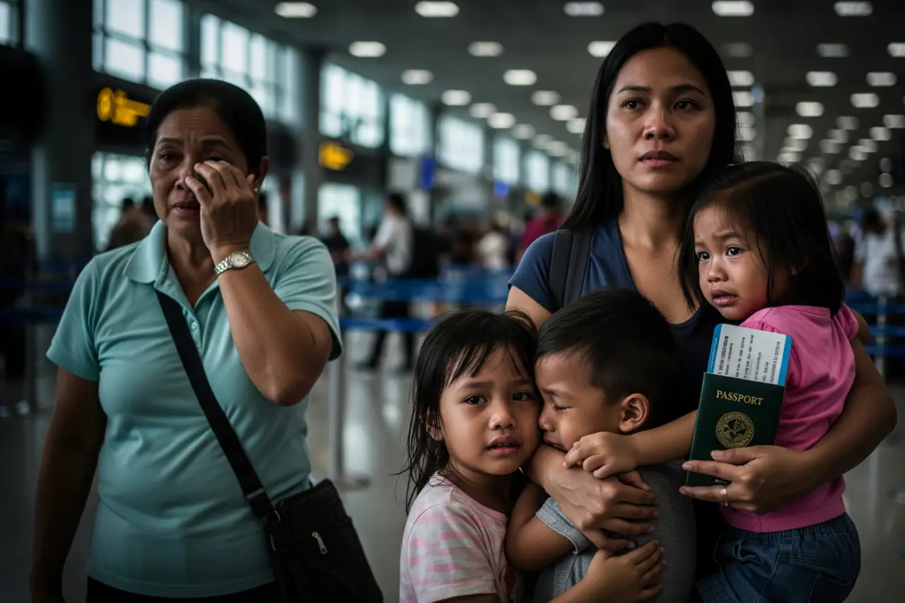 Filipina mother saying goodbye to her children at NAIA before leaving to work abroad.