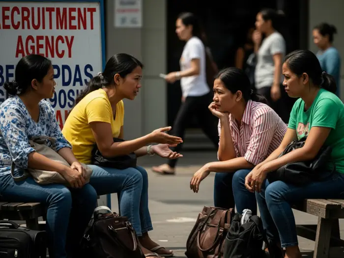 Filipina women outside a recruitment agency discussing possible salaries abroad.