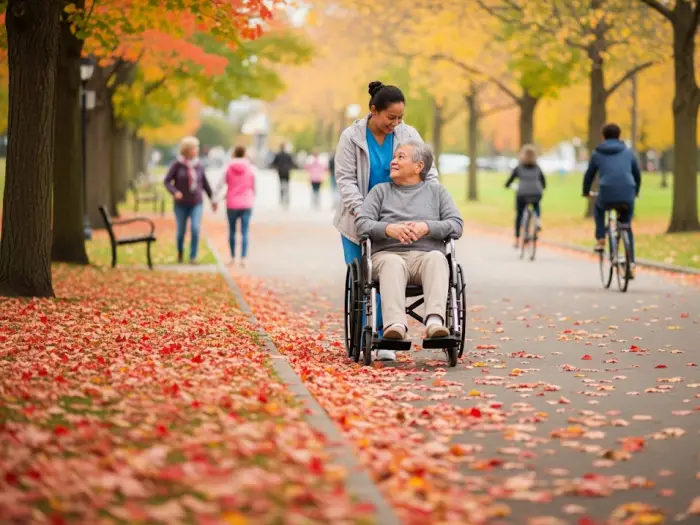 Filipino caregiver in Canada assisting elderly patient in autumn park, 2025