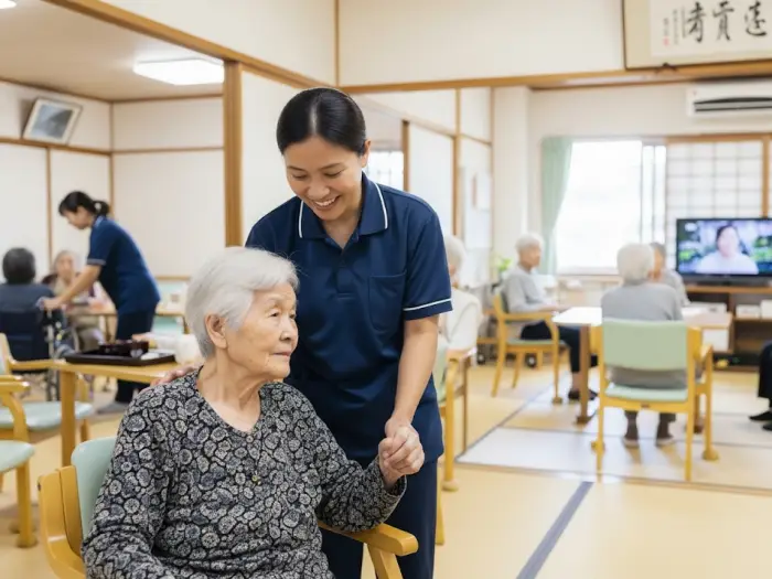 Filipino caregiver assisting elderly patient in Japanese nursing home, 2025