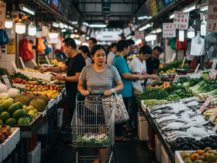Filipino domestic helper shopping at wet market in Singapore, 2025
