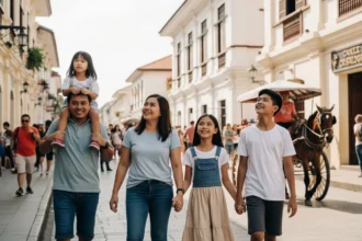A happy Filipino family of five exploring the busy cobblestone street of Calle Crisologo in Vigan during the day.