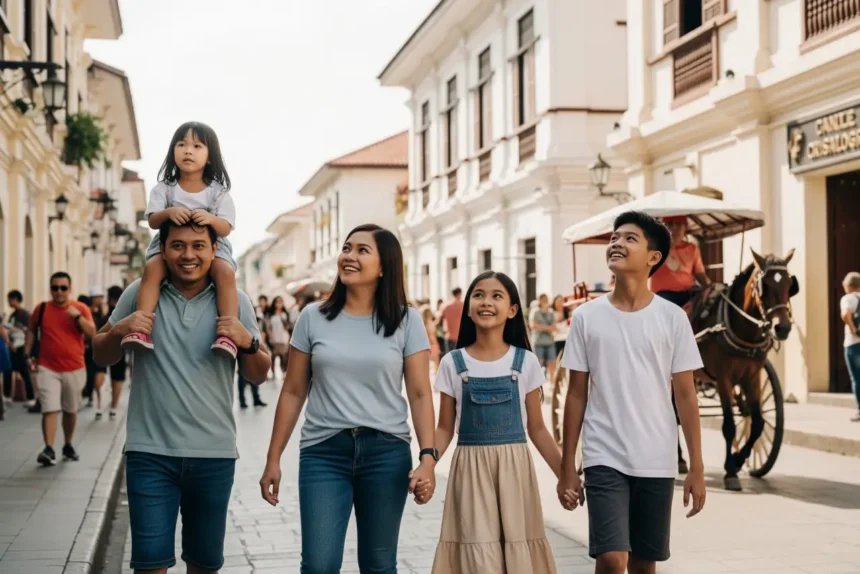 A happy Filipino family of five exploring the busy cobblestone street of Calle Crisologo in Vigan during the day.