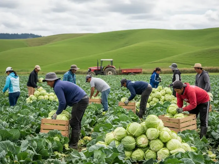 Filipino farm workers harvesting vegetables in New Zealand field, 2025