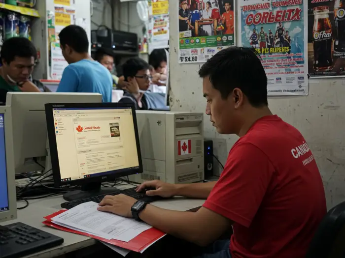 Filipino migrant hopeful using internet café computer to research Canadian provincial programs.
