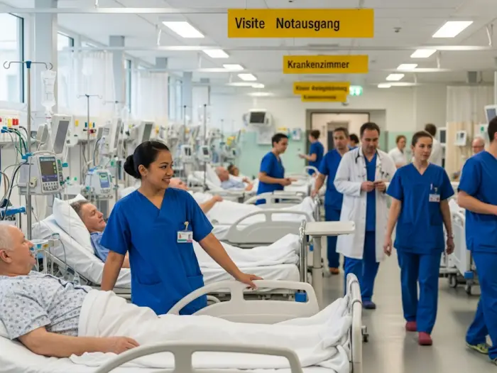 Filipino nurse working in German hospital ward with patients, 2025