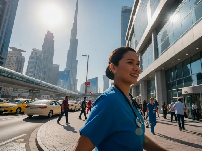 Filipino nurse in Dubai walking outside hospital with Burj Khalifa in background, 2025