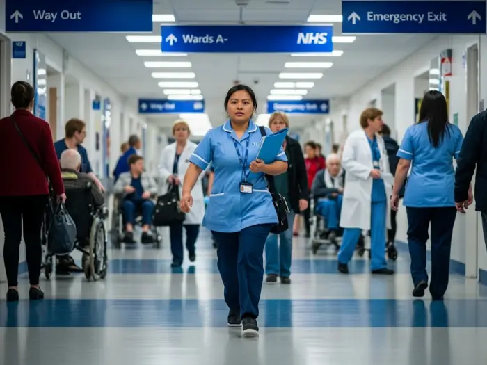 Filipino nurse in NHS hospital corridor in London, United Kingdom 2025