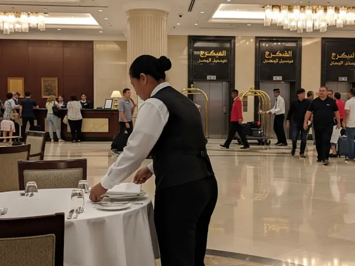 Filipino hospitality worker arranging tables in Doha hotel lobby, Qatar 2025