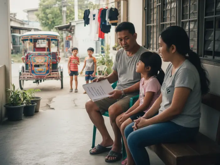 Filipino parents discussing takeaways on school options Philippines with their child.