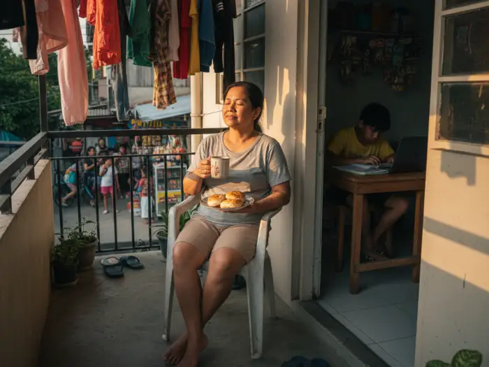Filipino mother practicing self-care while her teen studies at home.