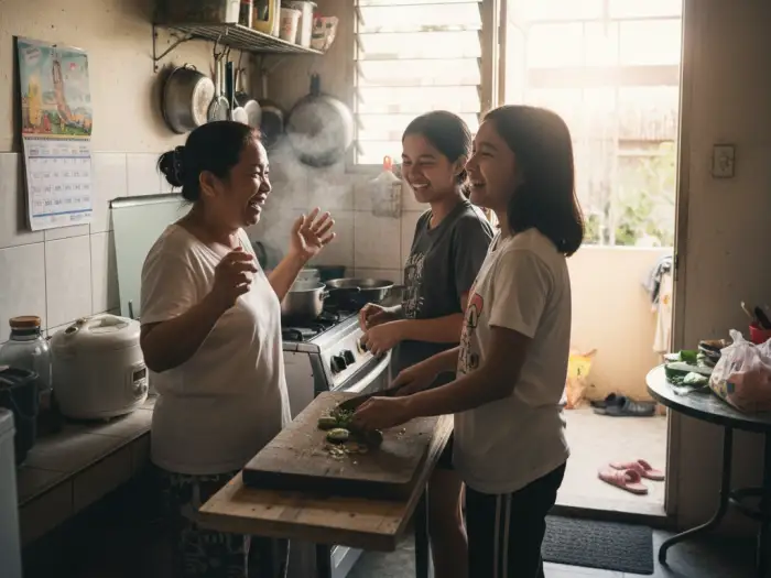 Filipino mother and teenage daughters cooking together in the kitchen, maintaining a strong bond.