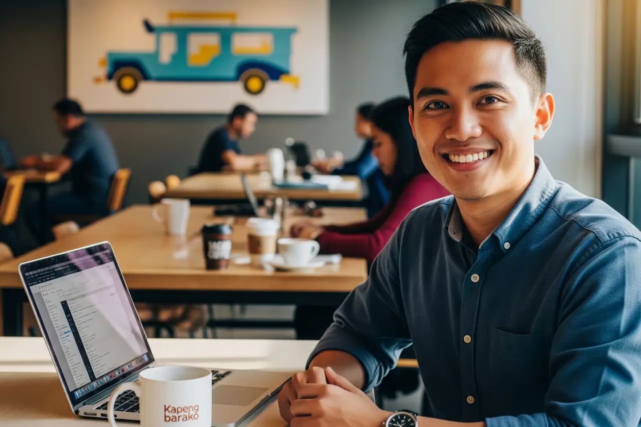 Young Filipino professional working confidently in a modern co-working space.