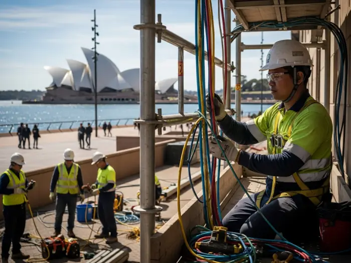 Filipino electrician in Sydney working on outdoor wiring, 2025