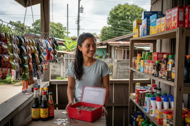 Young Filipino entrepreneur starting a sari-sari store with modest capital, showing cash, coins, and products in a neighborhood setting.