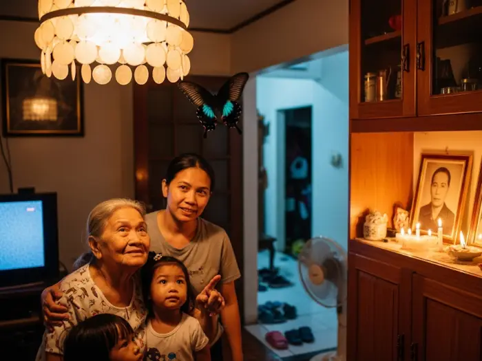 Filipino superstition that a black butterfly flutters near a living room lamp as a Filipino family watches.