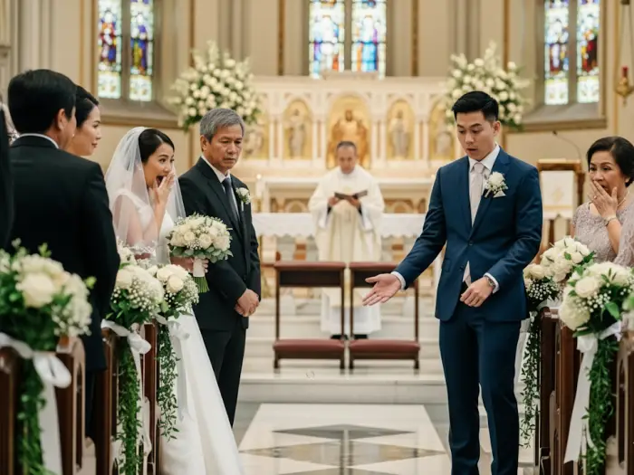 A wedding ring falls on the church floor as guests gasp.