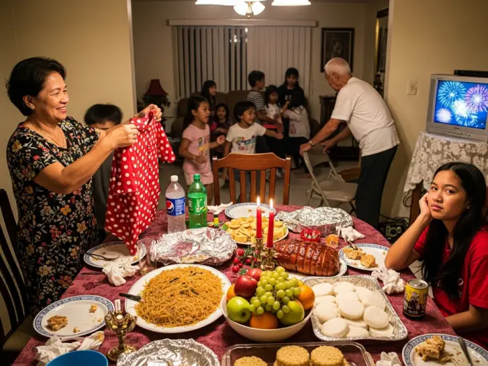A Filipino teen reluctantly wears a polka-dot shirt during Media Noche family prep.