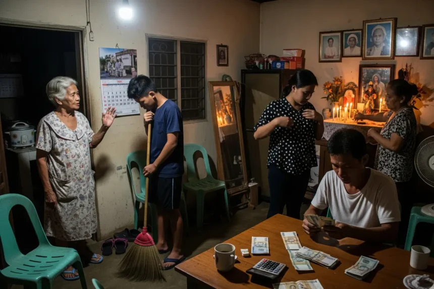 A Filipino family inside a humble home showing everyday life shaped by superstitions about money, love, and death.