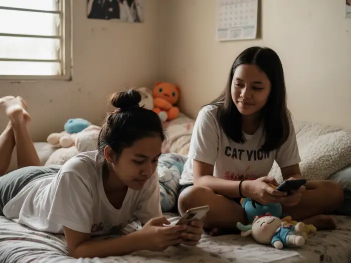Two Filipino teenagers relaxing on their bed while busy using cellphones.