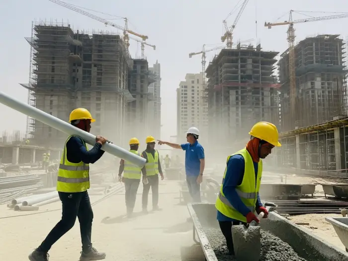 Filipino construction workers in Saudi Arabia on a Riyadh building site, 2025