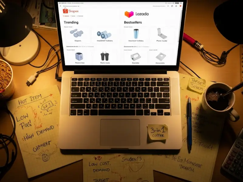Laptop showing Shopee and Lazada trending products for dropshipping.