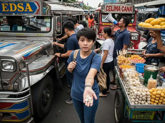 Nervous first-time commuter waiting to ride a jeepney in Manila.