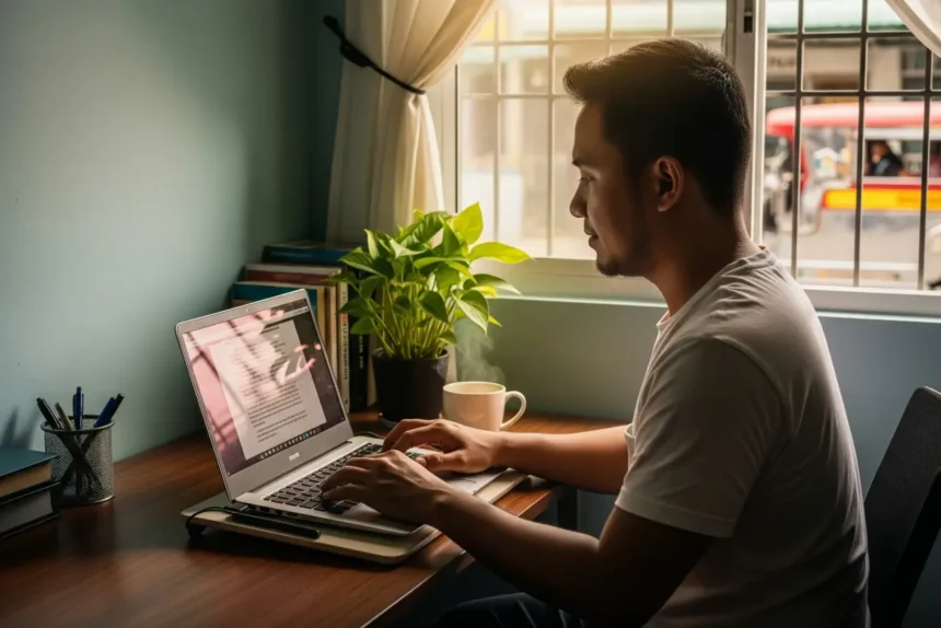Filipino freelance writer working from home in 2025 with laptop and coffee.