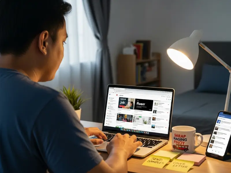 Filipino beginner searching freelance writing jobs on Upwork, Fiverr, and Facebook.