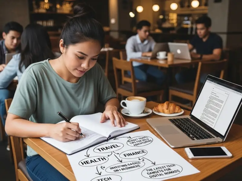 Filipino writer brainstorming her freelance writing niche in a café.