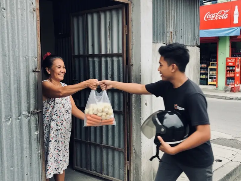 Filipino mother receiving frozen food delivery from a rider at sari-sari store