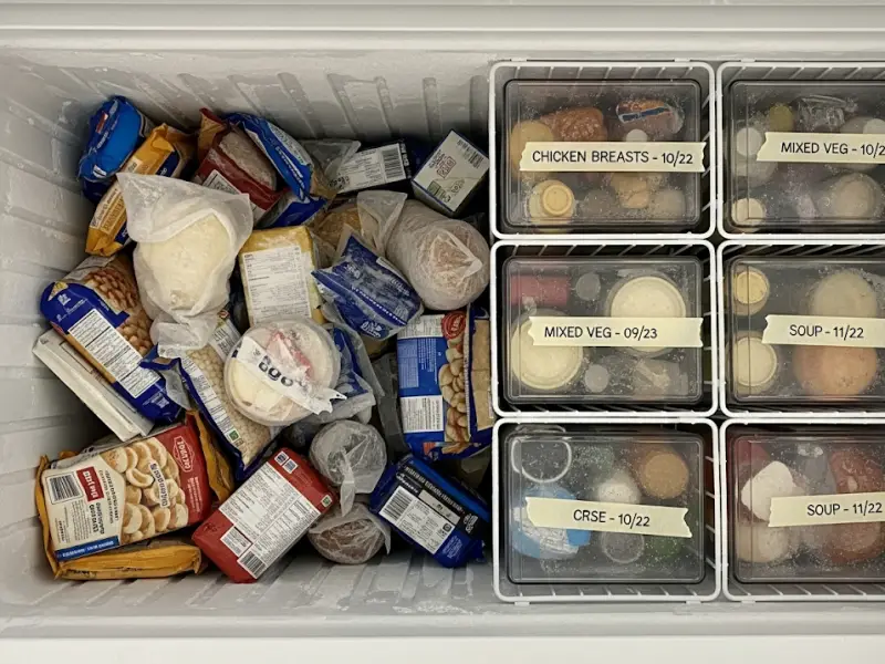 freezer comparison showing unorganized frozen stock vs labeled organized packs