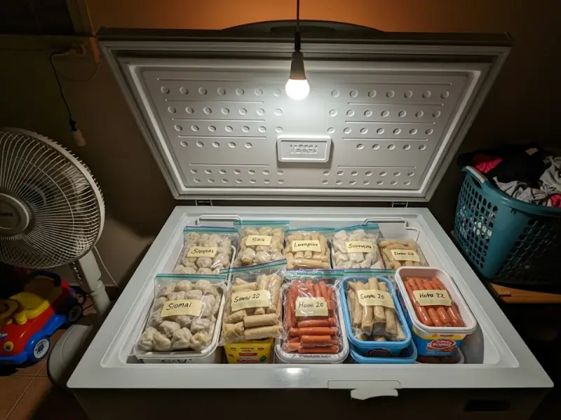 chest freezer with labeled frozen siomai, lumpia, and hotdogs in a Filipino home