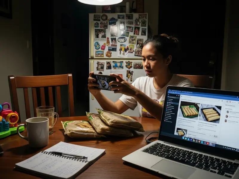 Filipino entrepreneur at home taking frozen food photos for Facebook Marketplace