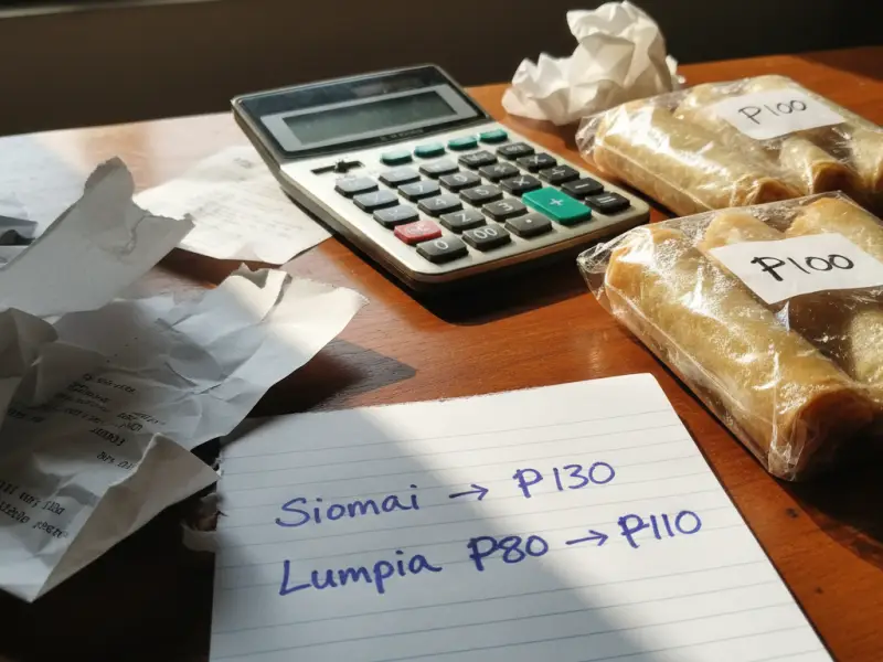 handwritten notebook showing frozen lumpia and siomai pricing calculation