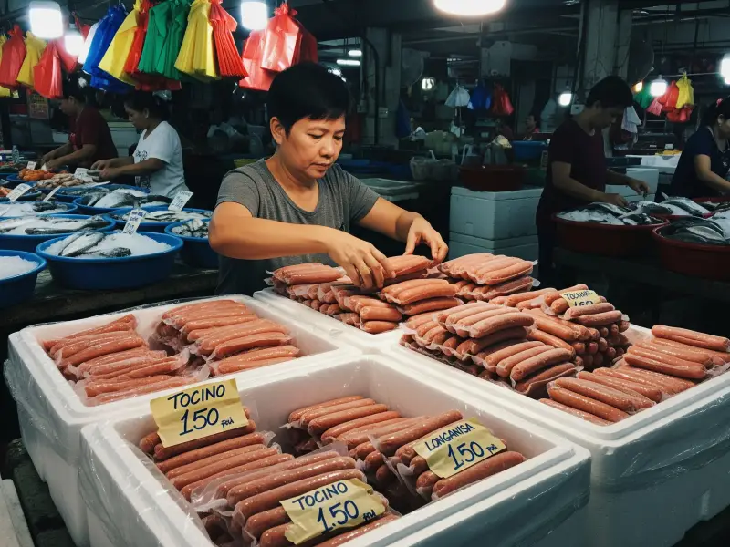Filipino supplier arranging frozen tocino and longganisa at a busy palengke