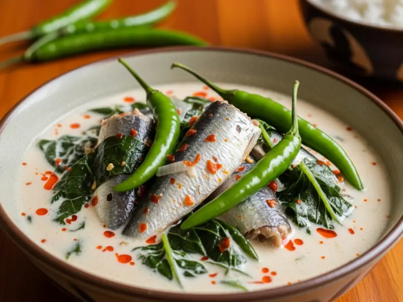 Bowl of gataang sardinas with coconut milk, pechay, and chili.