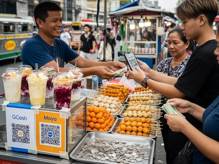 Filipino customer scanning a GCash QR code at a street vendor in Manila.