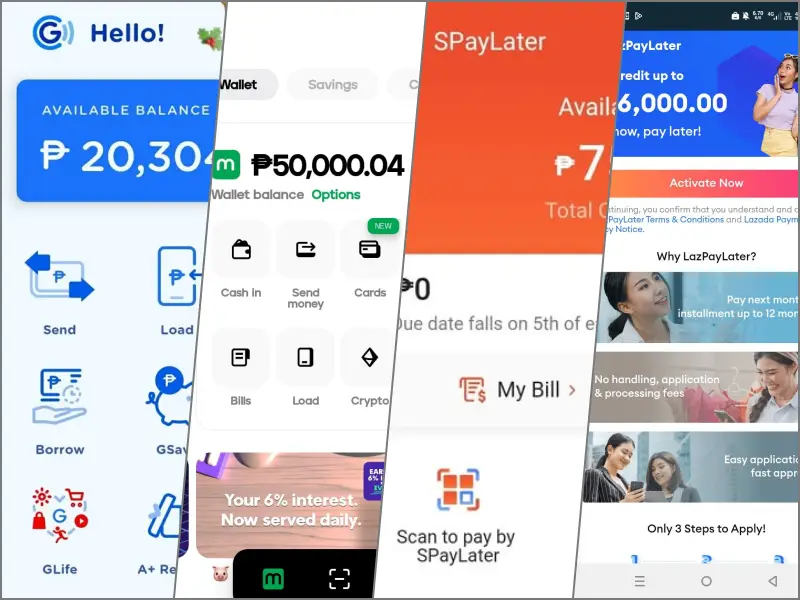 Smartphones showing GCash, Maya, ShopeePay, and LazPayLater apps in a split-screen style with peso bills.