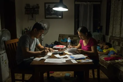 Filipino couple creating a plan to get out of debt Philippines at their dining table.