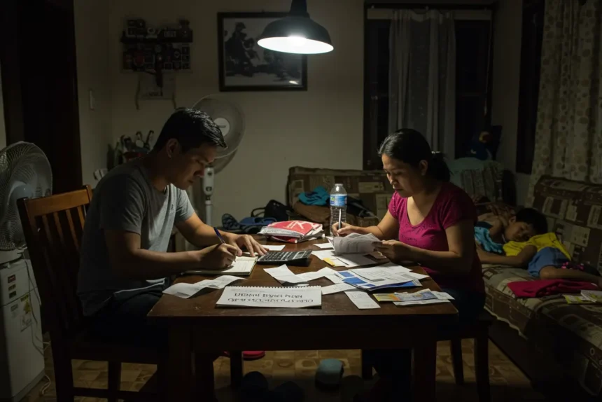 get out of debt philippines family Filipino couple creating a plan to get out of debt Philippines at their dining table.