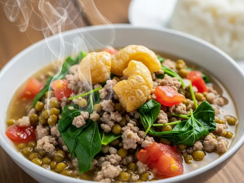 Ginisang munggo with ground pork and chicharon served in a bowl on a wooden table.