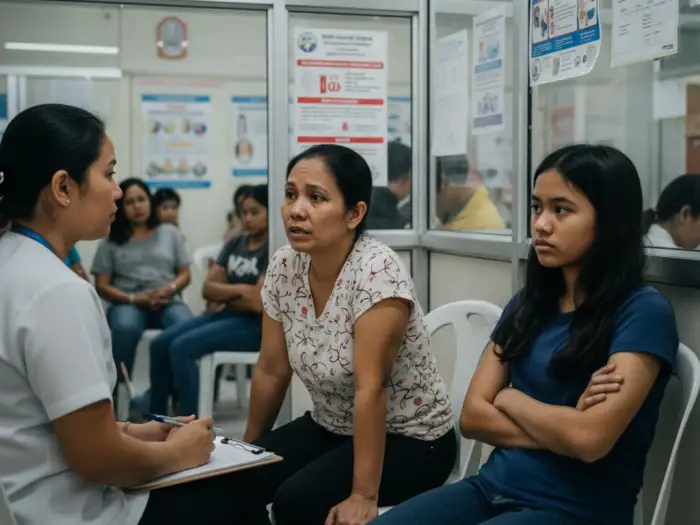 Filipino parent seeking help in handling teenage behavior at a barangay center.