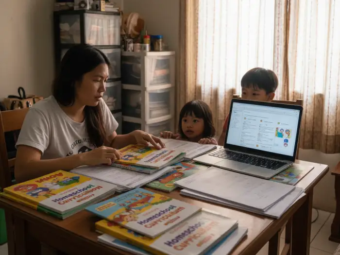 Filipino parent reviewing homeschool curriculum Pinoy choices for children.