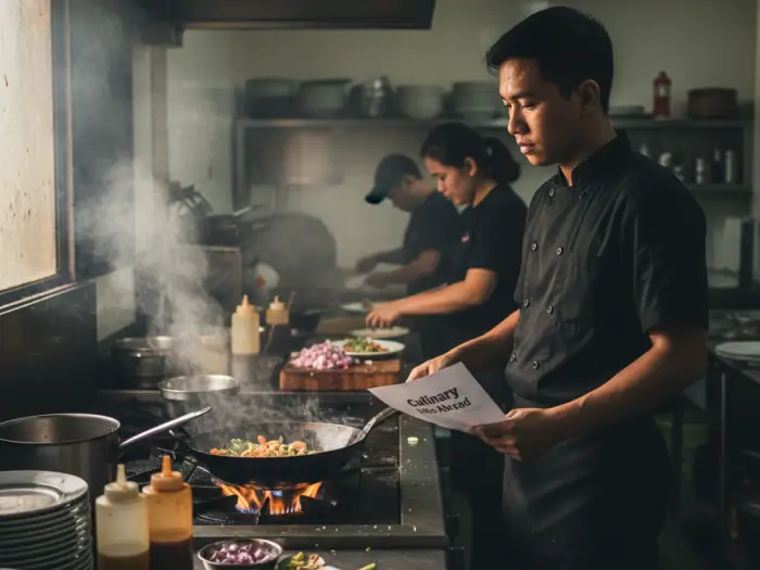 Filipino chef in busy kitchen preparing for hospitality jobs abroad.